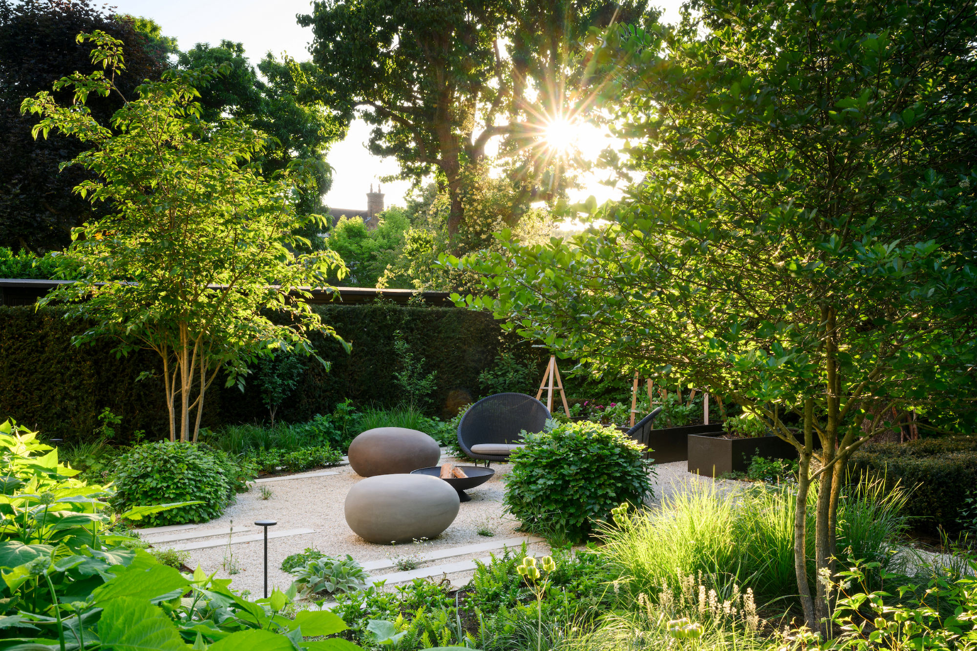 A garden with trees and chairsDescription automatically generated with medium confidence