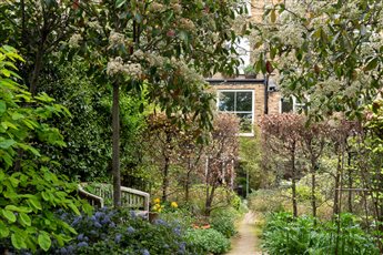 Walled garden long vista in spring back to the house