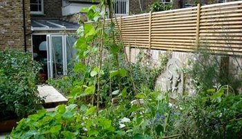 Kitchen Garden for a Victorian House, Hackney, London. Raised levels and recycled pond created interesting journey to sun trap patio at back of garden.
