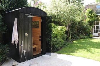 OHK - luxury outdoor sauna for 2 people with compact, integrated shower. 