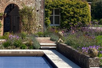 Rural retreat landscape design, poolside borders and paths.
