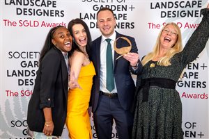 SGLD Awards 2026 Student Award - Design for the Environment winner Robbie Avey with sponsor Vectorworks and head of the Student Awards Judging Panel Sarah Morgan FSGLD