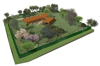 Birds Eye view of a wildlife friendly meadow garden for an ultra-modern cedar clad house near Rye in East Sussex. By the house is a drought tolerant courtyard gravel garden.