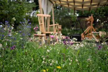 The RHS Badminton Flower Show gold winning Artisan Woodland Craft Garden, detail of the planting and turned ash feature chair, with canopy behind, built by Elmtree Building Services and detailed by BTA Structural Design.