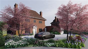 3D render for a large family home in Dorset, featuring specimen cherry trees, a SUDs-compliant driveway and generous perennial planting for year-round colour and interest.