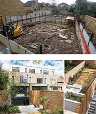 A series of independent gardens for a new development. Small and each with a different character. Privacy was paramount and a bespoke fence system was developed to maximise light whilst preventing site lines from adjoining properties