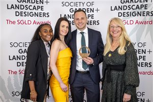 SGLD Awards 2026 Student Award - Design for the Environment winner Robbie Avey with sponsor Vectorworks and head of the Student Awards Judging Panel Sarah Morgan FSGLD