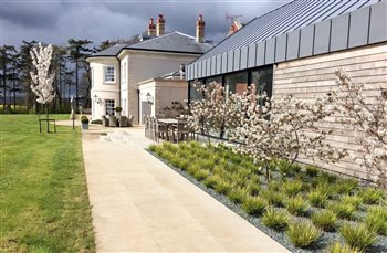 Dining terrace and planting for a Georgian style country house with contemporary pool extension