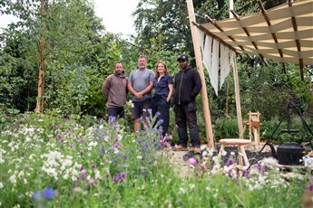 RHS Badminton Flower Show gold winning Artisan Woodland Craft Garden. The build team; Rachael with Greener Landscapes, long time collaborator in the delivery of gardens in Gloucestershire, Cheltenham and surrounding areas.