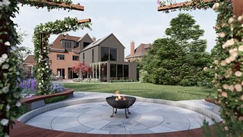 3D render for large Dorset garden, with bespoke seating, contemporary fire bowl, cantilevered pergola with scented climbers and a large, informal lawn.