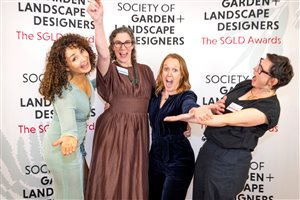 SGLD Awards 2026 Design for the Environment winner Kristina Clode MSGLD with Rachel Bailey MSGLD and sponsor The Beth Chatto Education Trust