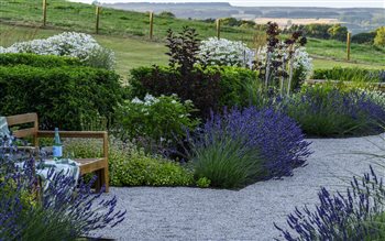 Farmhouse on Ilkley moor.  Contemporary country garden.  Large bespoke oak pergola, reclaimed yorkstone paved courtyard with waterfeature