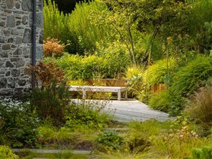 The front garden of a large landscape in rural Stirlingshire, which is on a variety of levels. 