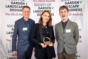 SGLD Awards 2026 Medium Residential Landscapes & Gardens winner Moss Studio, Principal Designer Barbara Samitier MSGLD with silver sponsor Country Supplies