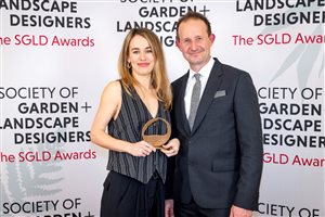 SGLD Awards 2026 Student Design - Large Domestic Garden winner Grace Hugh-Jones with sponsor The Outdoor Room