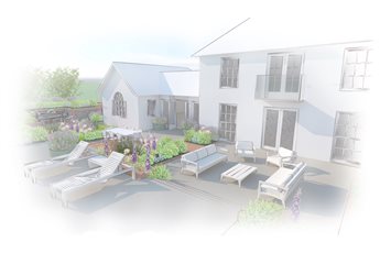 Country house terrace garden design, Ditchling, East Sussex
