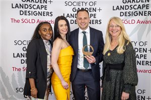 SGLD Awards 2026 Student Award - Design for the Environment winner Robbie Avey with sponsor Vectorworks and head of the Student Awards Judging Panel Sarah Morgan FSGLD