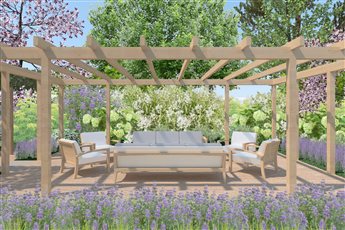 Garden design in a contemporary rural garden in East Sussex highlighting a large pergola seating area surrounded by perennial summer borders, shown using CAD, Barcombe