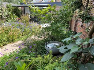 Kensington glade garden with view to new studio and water feature