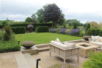 Semi rural garden with sunken patio in North Yorkshire