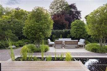From the decking the view across the garden in 'Down to The River' is to the courtyard seating area. Lounge seating is framed by evergreen fragrant multi-stemmed trees and soft underplanting.