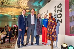 SGLD Awards 2026 Lifetime Achievement Award winner Tom Stuart-Smith OBE FSGLD with gold sponsor Alitex