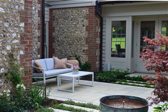 Tranquil seating courtyard garden design, Plumpton, East Sussex