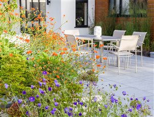 A family garden in Prestbury was given a contemporary feel with the use of granite paving and rendered planting beds.