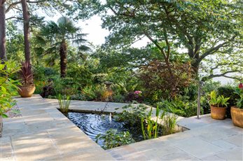 Hillside garden in Dorset with ornamental pool, designed for client with limited mobility.