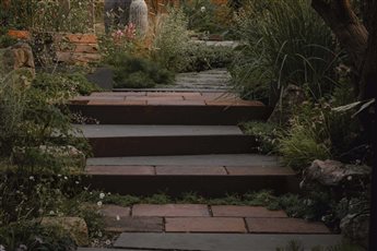 Rustic corten steel retained steps in irregular contemporary garden design.