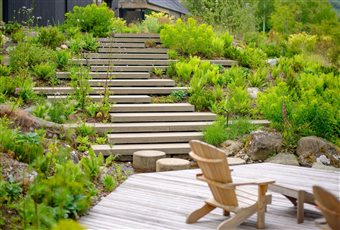 A larch deck adjacent to a pond, tucked in to a naturalistic landscape in the Loch Lomond National Park.