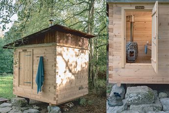 Sauna lodge with corten roof and wood fired stove