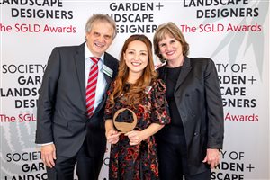 SGLD Awards 2026 Small Residential Landscapes & Gardens winner Charlotte Rowe Garden Design, Principal Designer Tomoko Kawauchi MSGLD with sponsor Vande Moortel