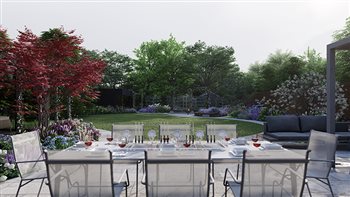 3D render for large family garden in Dorset. Generous dining area for entertaining family and friends, with outdoor sofas, contemporary 'Grillo' kitchen and powder-coated aluminum pergola.