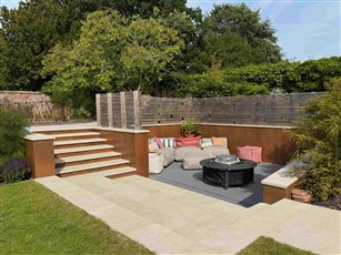A sunken seating area in a modern Yorkshire garden