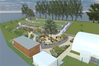 Robertsbridge Community College Living Garden, this vegetable garden is terraced using gabions and has ramped paths for accessible access. There are two gravel garden fire circles, an open cooking shelter and a dining terrace. Awaiting build funds. 