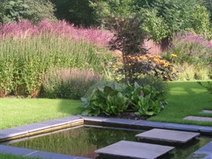 Water feature with stepping stone path across.