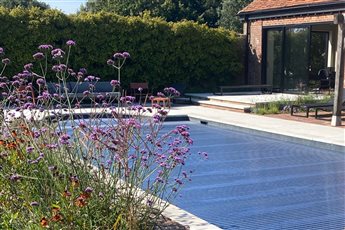 Rural retreat landscape design, poolside terrace.