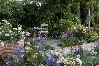 Time for tea in an English Cottage Garden at the RHS Hampton Court Flower Show 'Best of Both Worlds' Garden 2018. This garden, full of scented roses and perennials, won a Gold Medal.