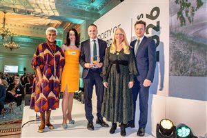 SGLD Awards 2026 Student Award - Design for the Environment winner Robbie Avey with sponsor Vectorworks and head of the Student Awards Judging Panel Sarah Morgan FSGLD