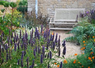 woven bench in secluded gravel garden seating spot