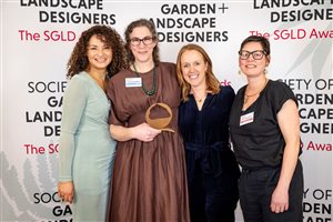 SGLD Awards 2026 Design for the Environment winner Kristina Clode MSGLD with Rachel Bailey MSGLD and sponsor The Beth Chatto Education Trust