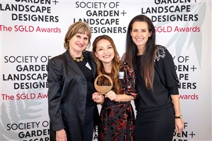 SGLD Awards 2026 Built Landscape Design winner Charlotte Rowe Garden Design, Principal Designer Tomoko Kawauchi MSGLD with sponsor Grad Decking System
