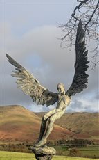 Bronze sculpture of Icarus falling from the sky. Here he has a wonderful background og the Black Mountains. He is about 2.3m tall and wing span is approximately 73cm. Each one of the small edition is hand made to order.
